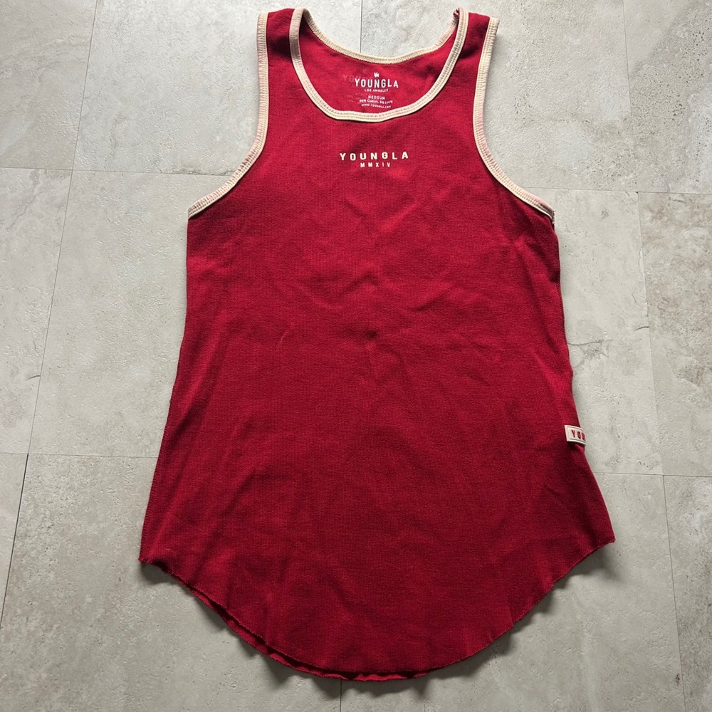 YoungLA Tank Top Red Women Size Medium MMXIV Ribbed Curved Hem Gym Shirt